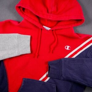 Vintage Champion Reverse Weave Colorblock Striped Hoodie Pullover Red Mens M